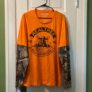 Men's Realtree Long Sleeve Tee, XL, Orange with Camouflage Sleeves